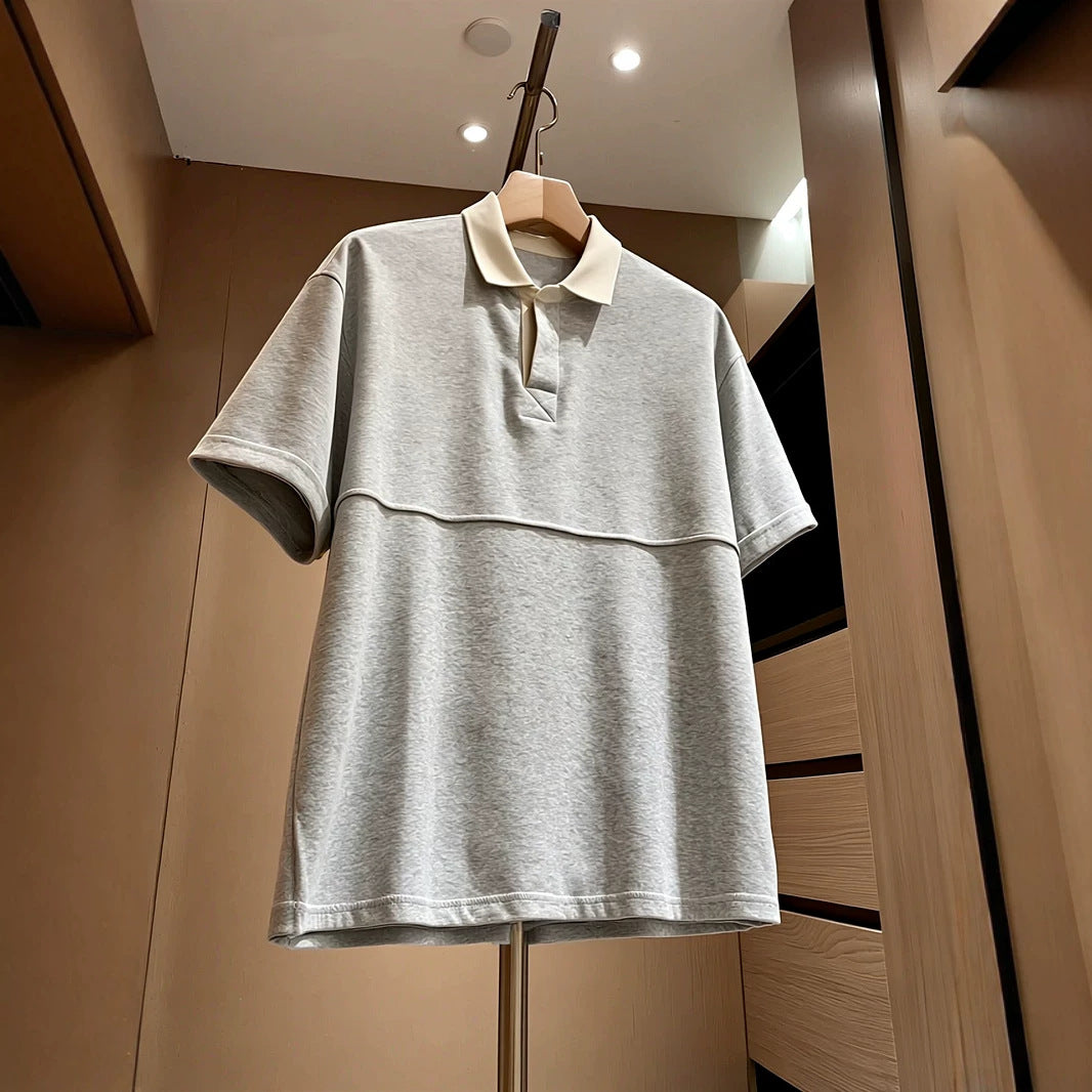 Grey Flip Collar Short Sleeve Design Patchwork Top