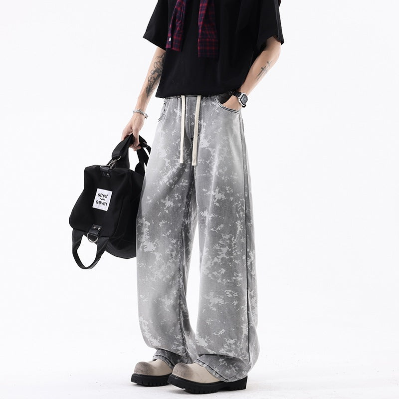 Leather Rayon Denim Pants Men Printed Casual Pants Men Trendy Vintage Retro Long Pants