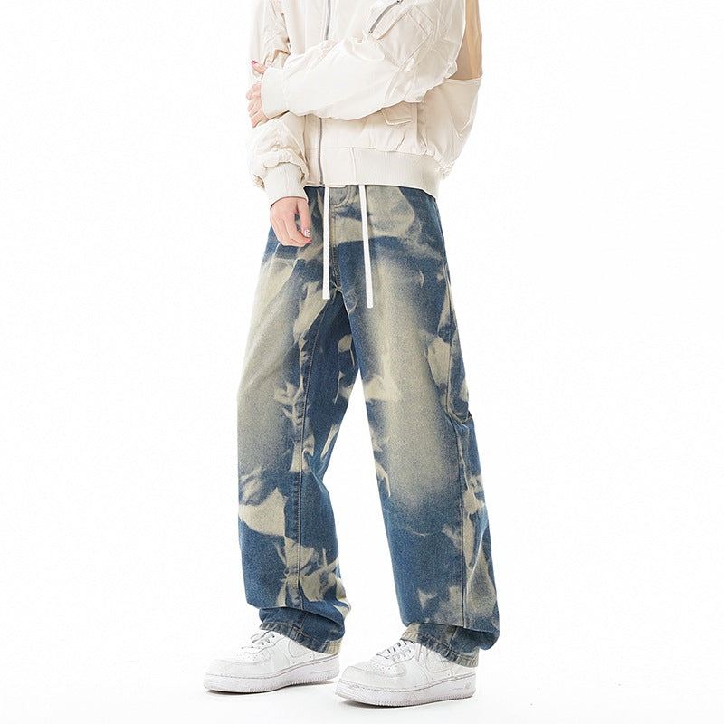 Street Style Gray Green Camouflage Denim Pants Men
