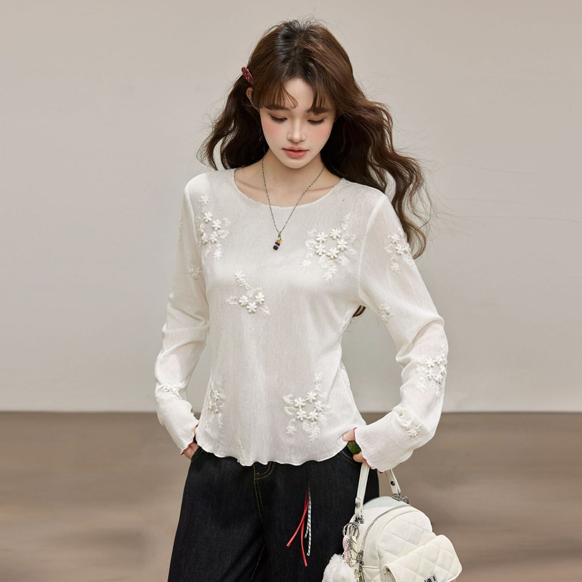 White Semi-Transparent Lightweight Long Sleeve Cover-Up T-Shirt for Women
