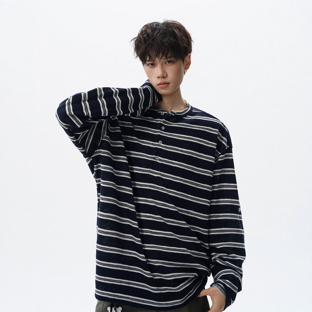 Black and White Stripe Henley Neck Long Sleeve T-Shirt