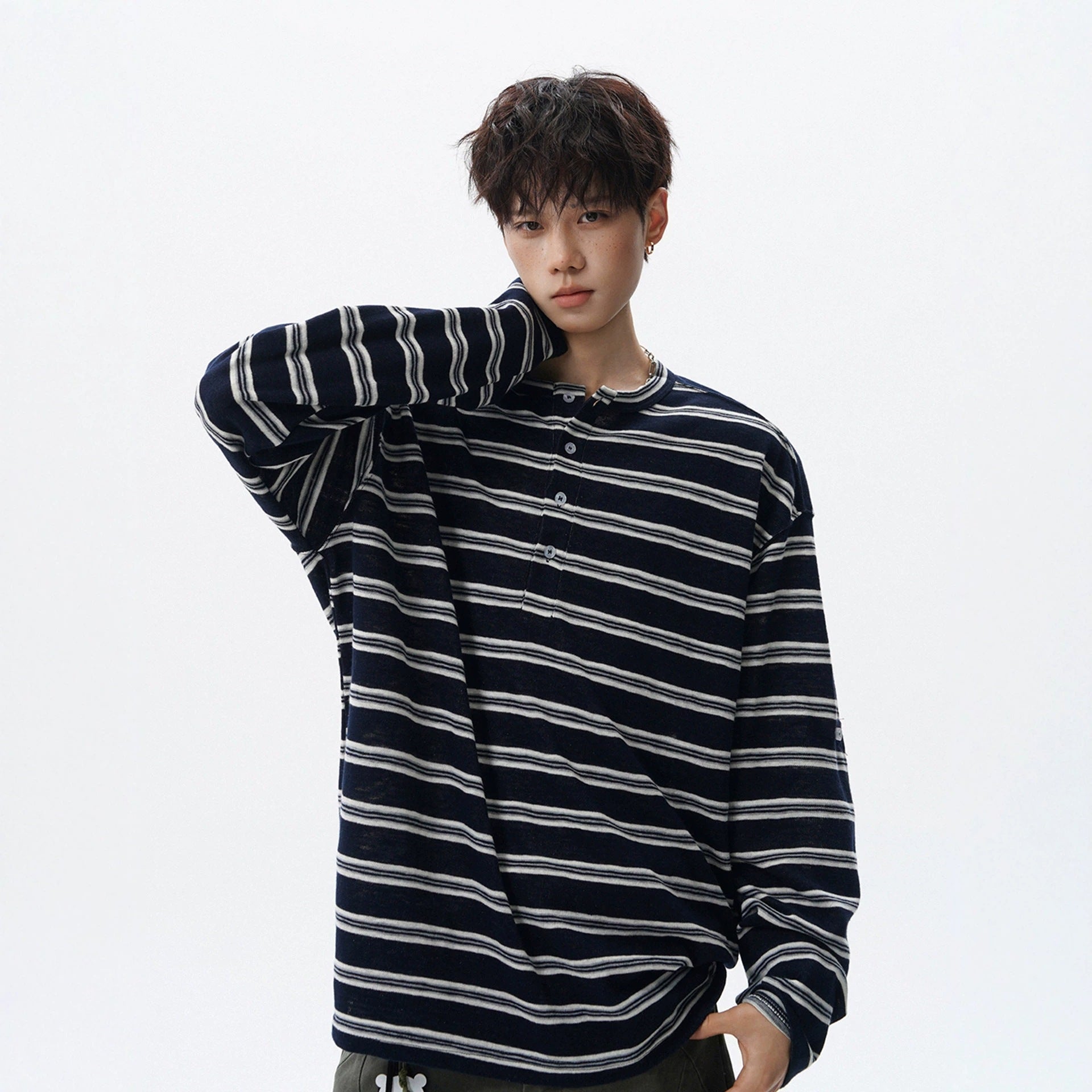 Black and White Stripe Henley Neck Long Sleeve T-Shirt