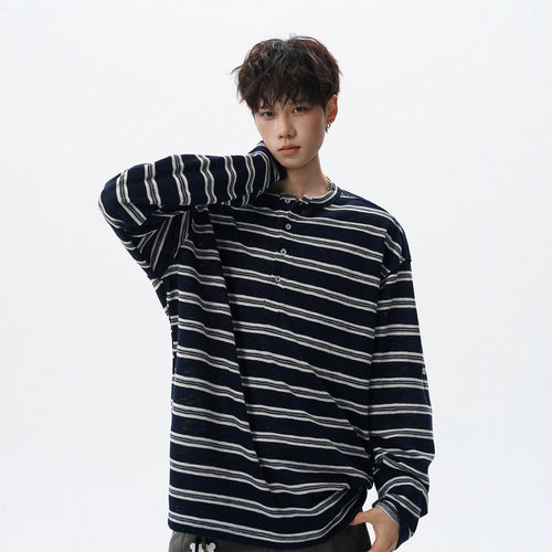 Black and White Stripe Henley Neck Long Sleeve T-Shirt