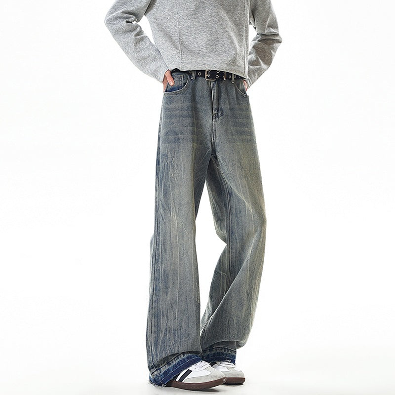Streetwear Lightning Pattern Washed Denim Pants Men