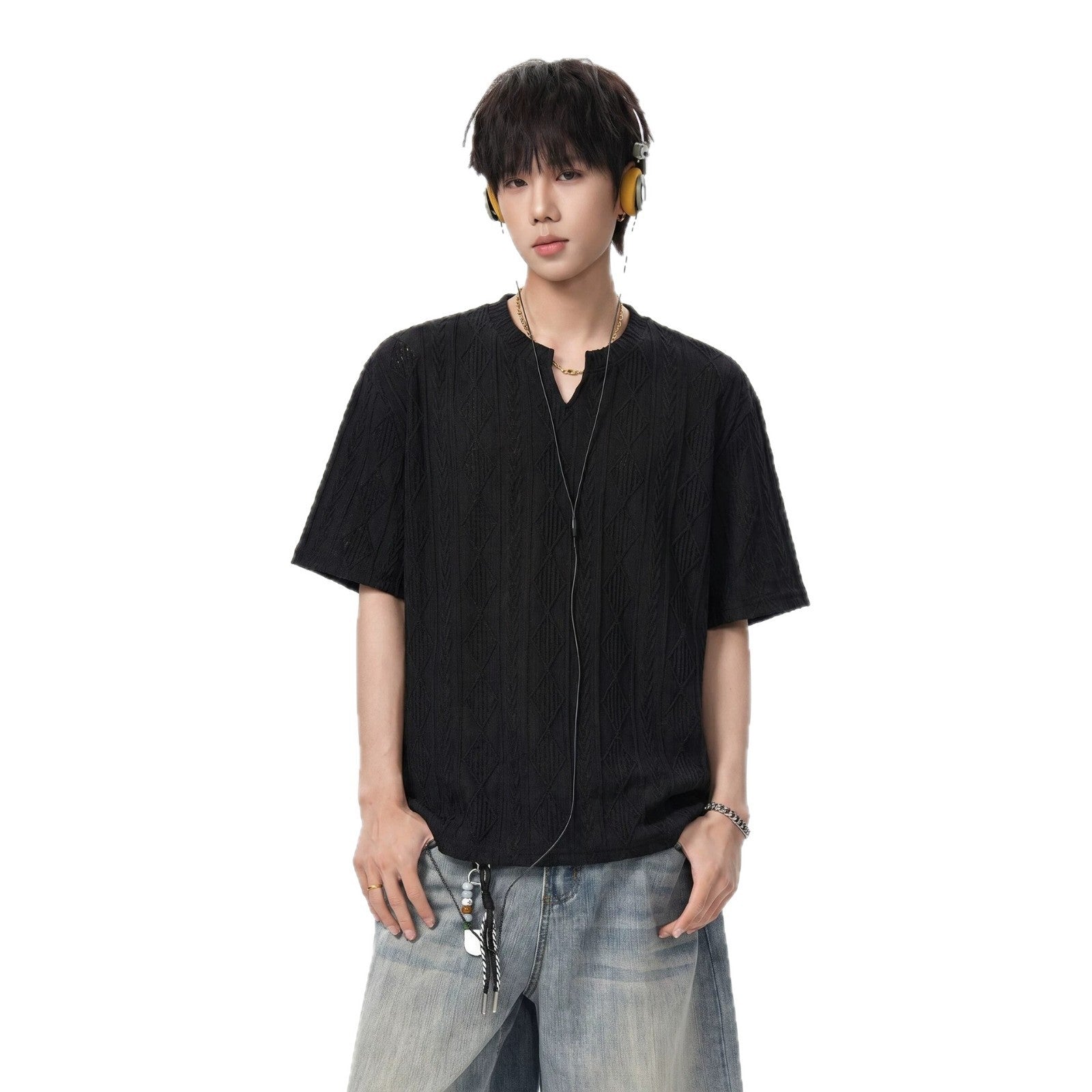 White Textured Hollow-Out V-Neck Short Sleeve T-Shirt for Men