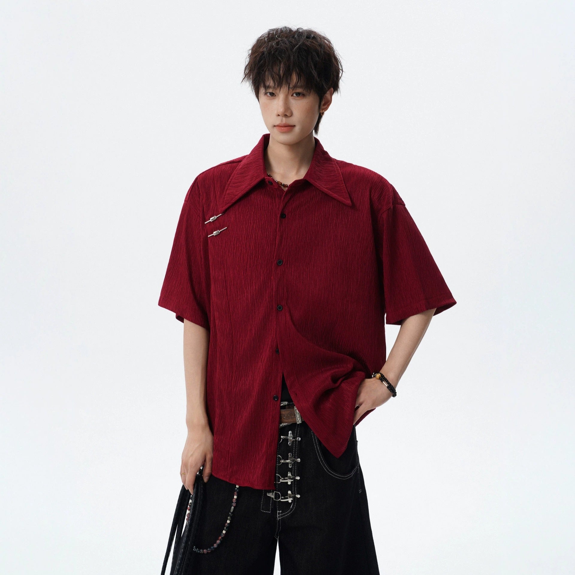 Textured Solid Color Short Sleeve Shirt