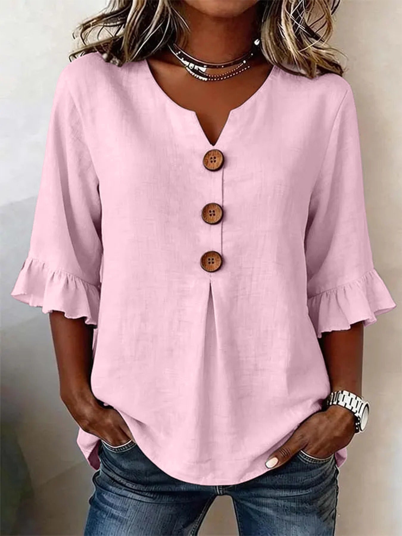 Fashionable Cotton Linen V-Neck Button-Up Blouse for Women Summer Casual Top