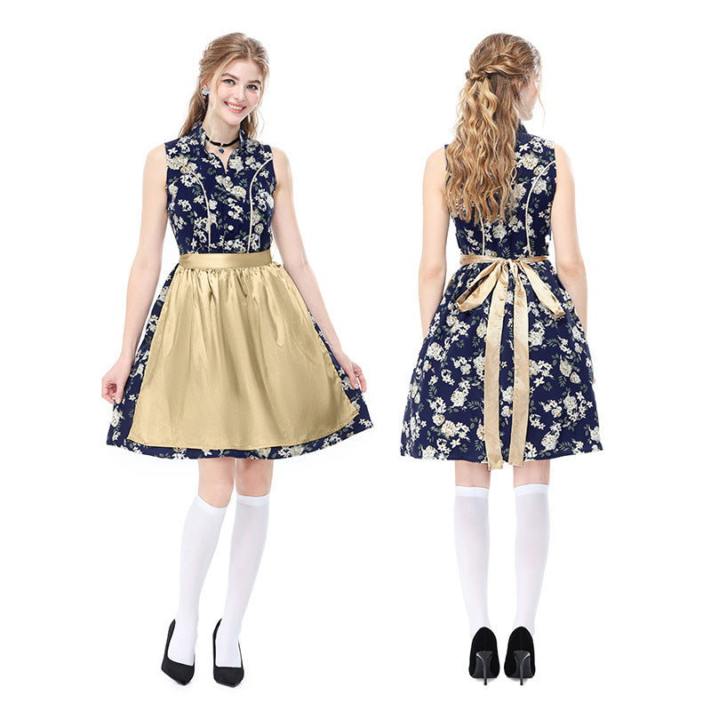 German Beer Festival Vintage Floral Sleeveless Dirndl Dress Bavarian Ethnic Party Stage Performance Costume