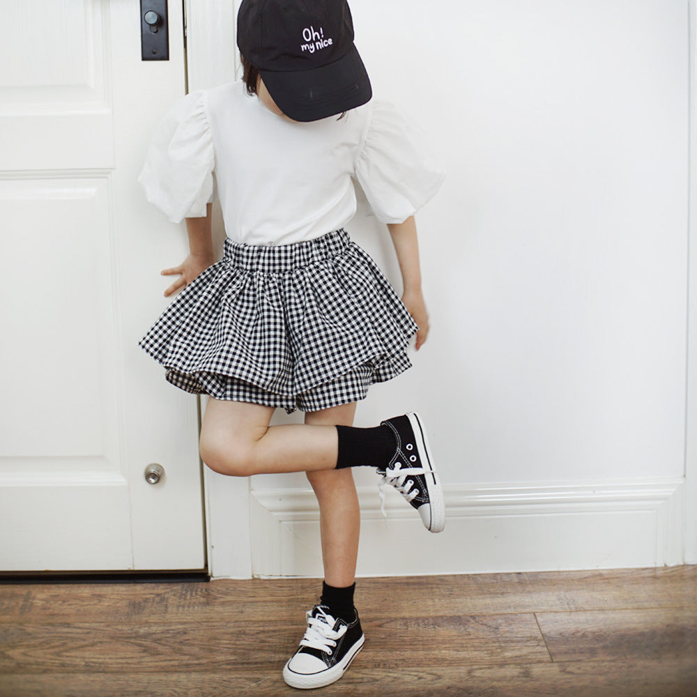 Girls Checkered Skirt Pants Children's Puffy Princess Dress