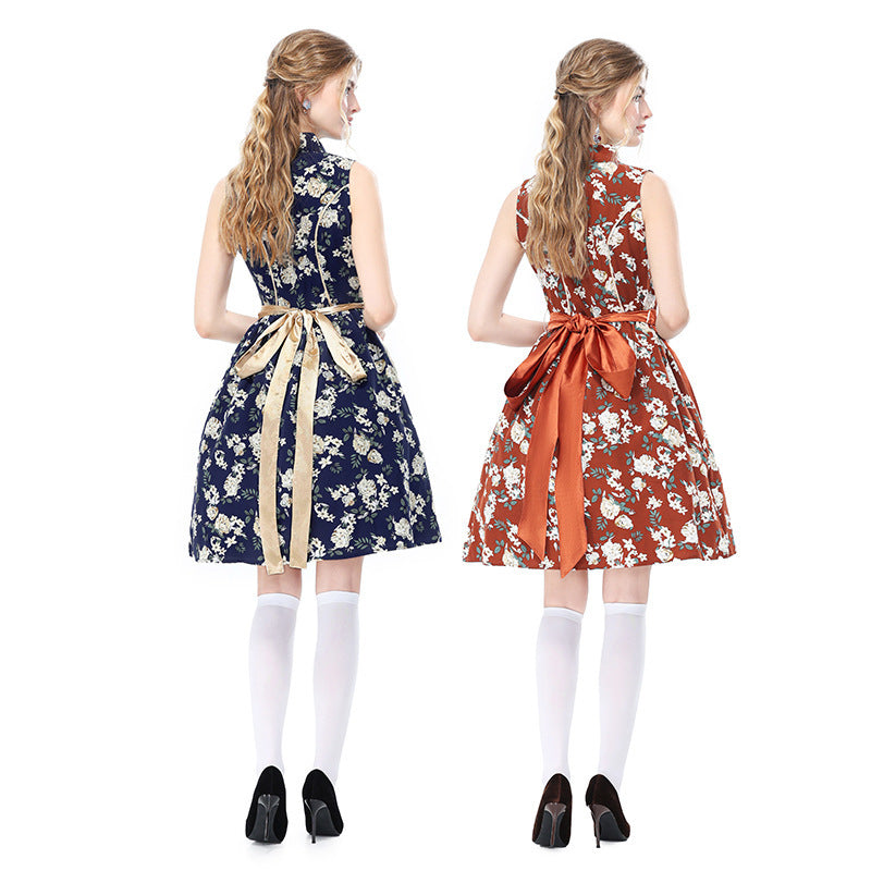 German Beer Festival Vintage Floral Sleeveless Dirndl Dress Bavarian Ethnic Party Stage Performance Costume