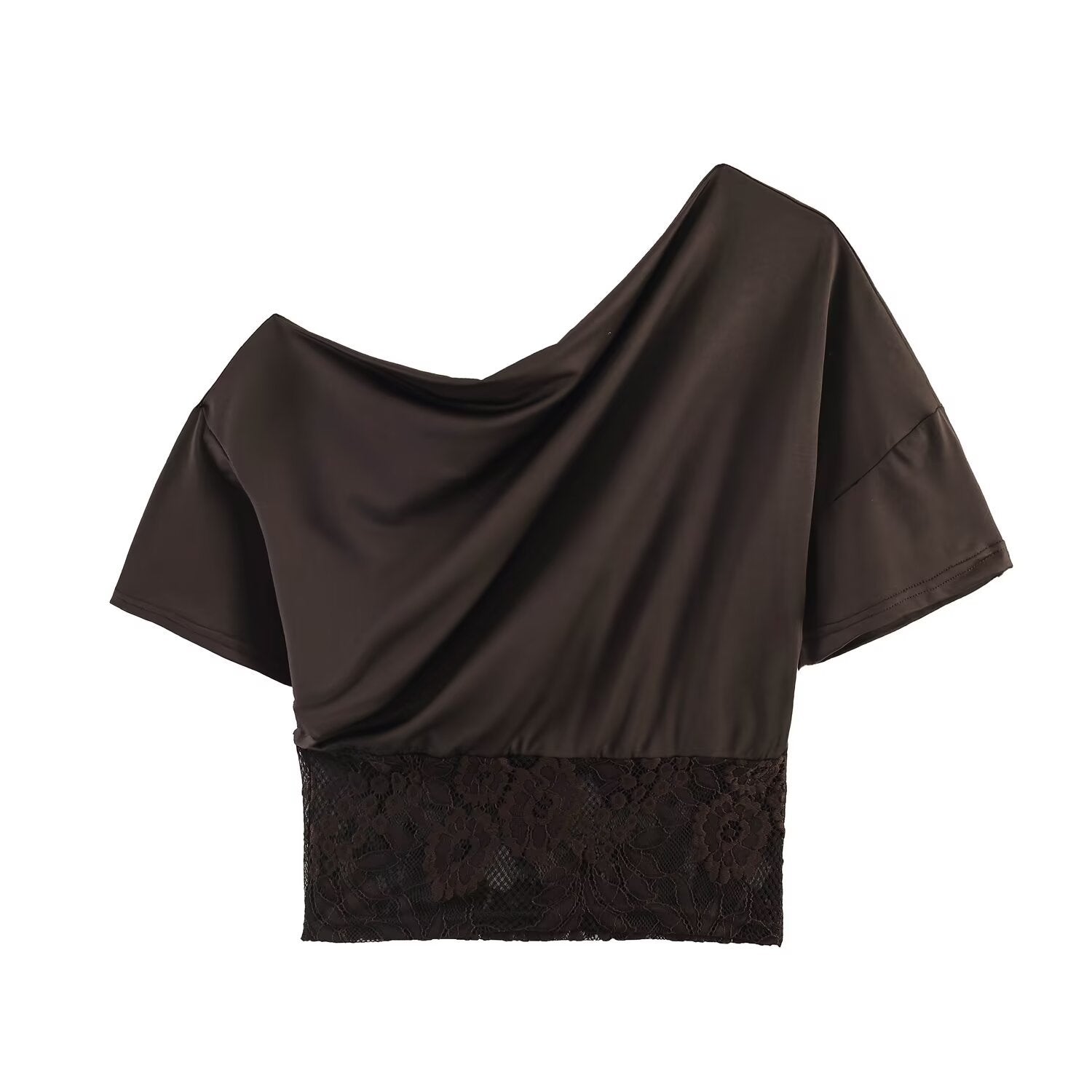 Spicy girl sexy lace patchwork sloping shoulder waistband top
