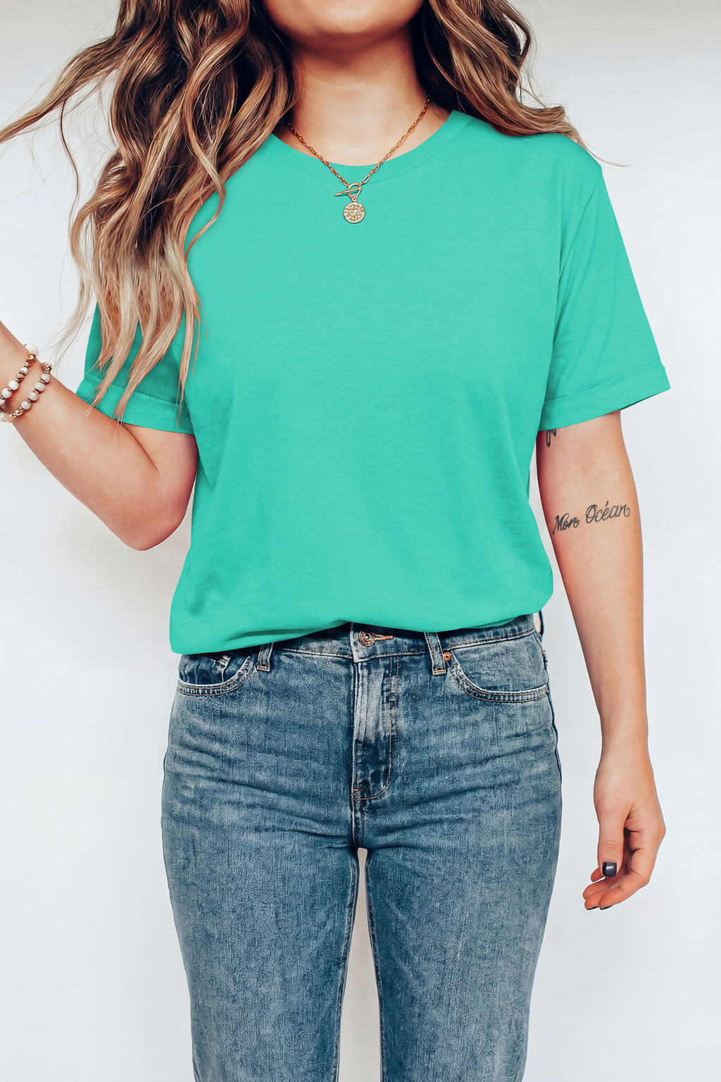 Sachet Pink Solid Color Basic Crew Neck Plain Tee