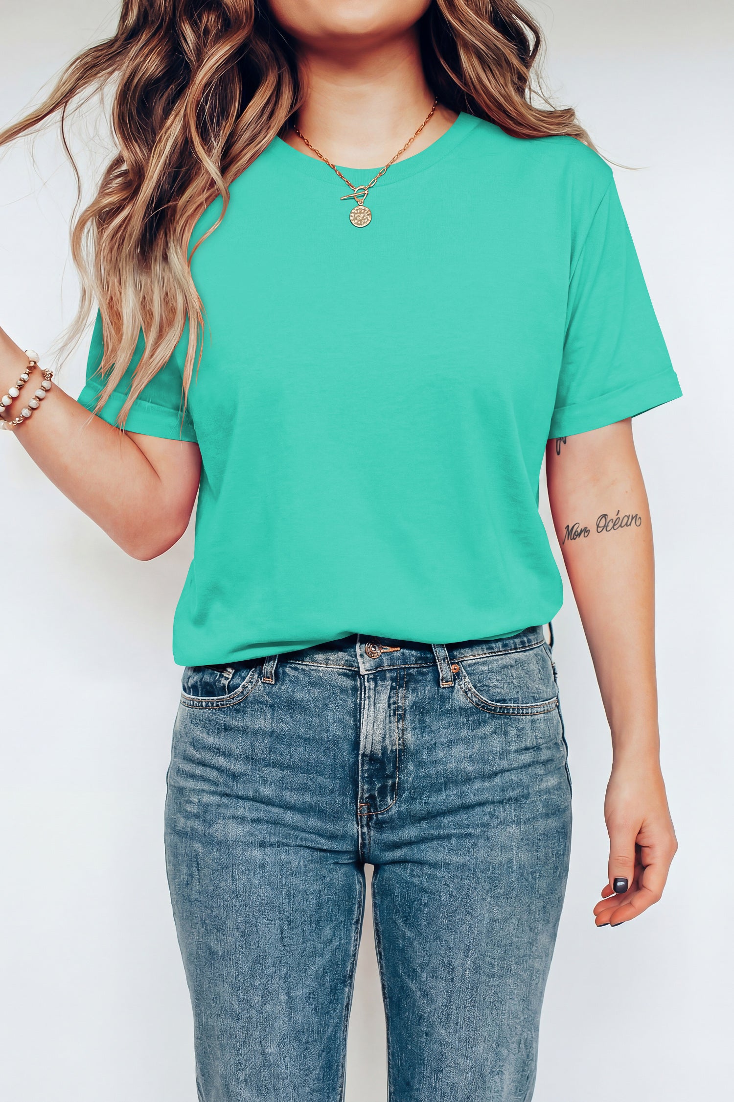 Sachet Pink Solid Color Basic Crew Neck Plain Tee