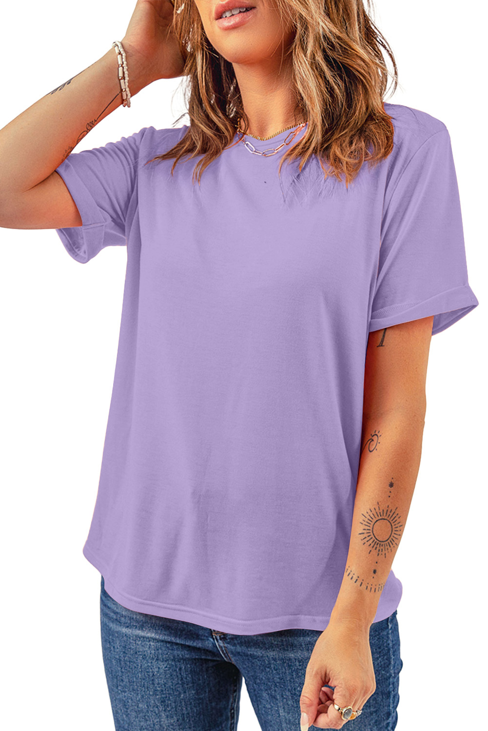 Sachet Pink Solid Color Basic Crew Neck Plain Tee