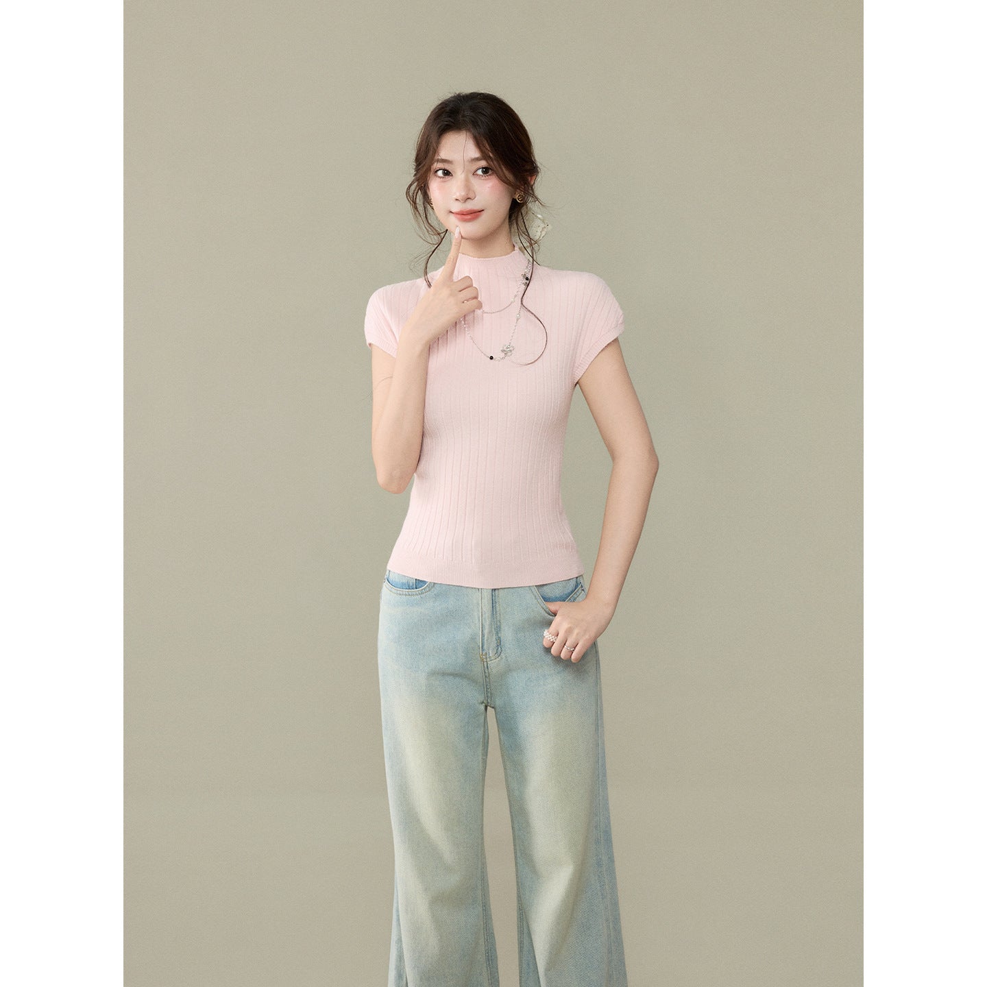 Short Sleeve Knit T-Shirt for Women, Slim Fit Sweet Style Summer Top