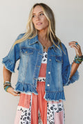 Blue Ruffle Hem Raw Edge Half Sleeve Western Denim Jacket