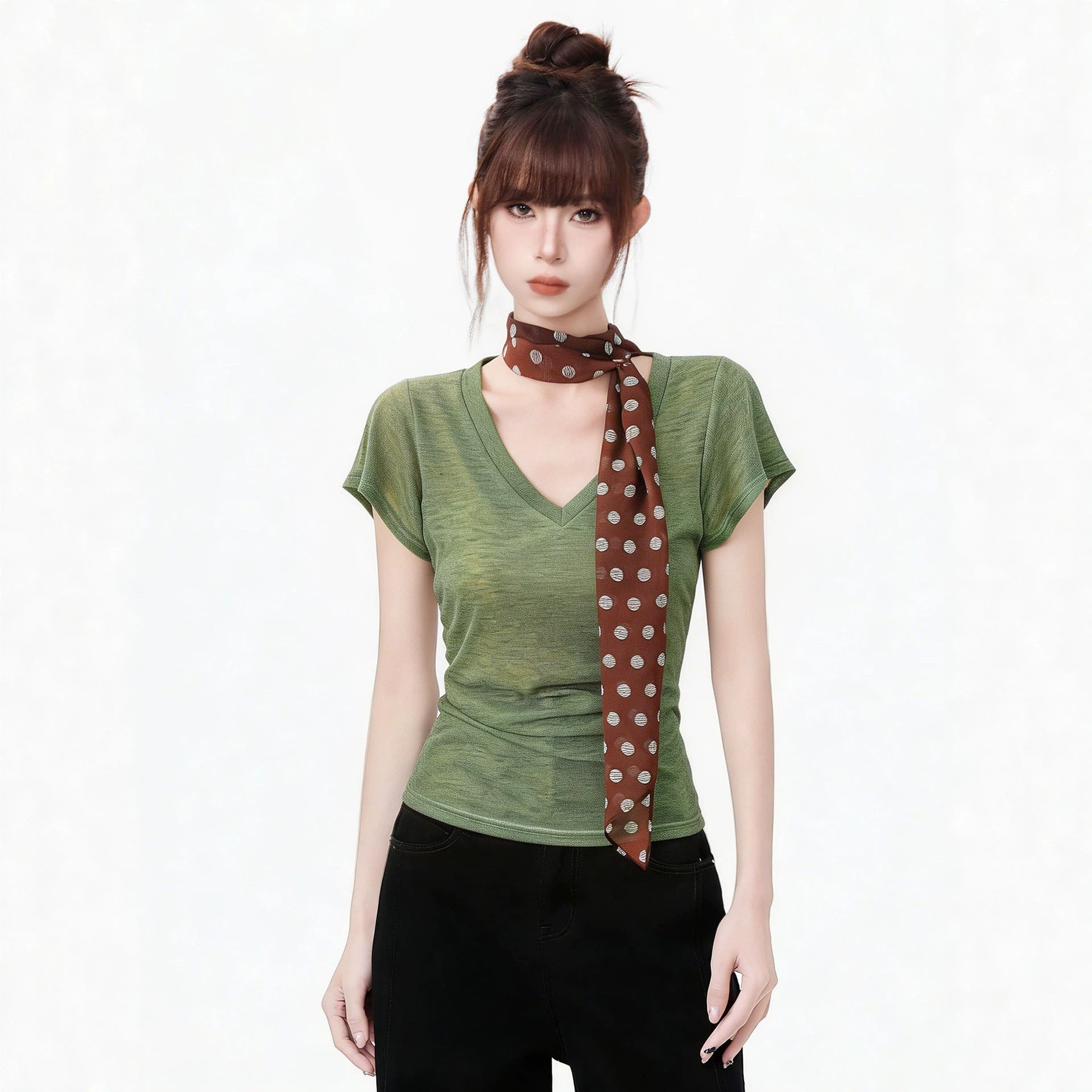 V-Neck Short Sleeve T-Shirt for Women, Green Slim-Fitting Unique and Beautiful Summer Top