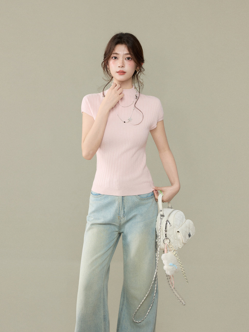 Short Sleeve Knit T-Shirt for Women, Slim Fit Sweet Style Summer Top