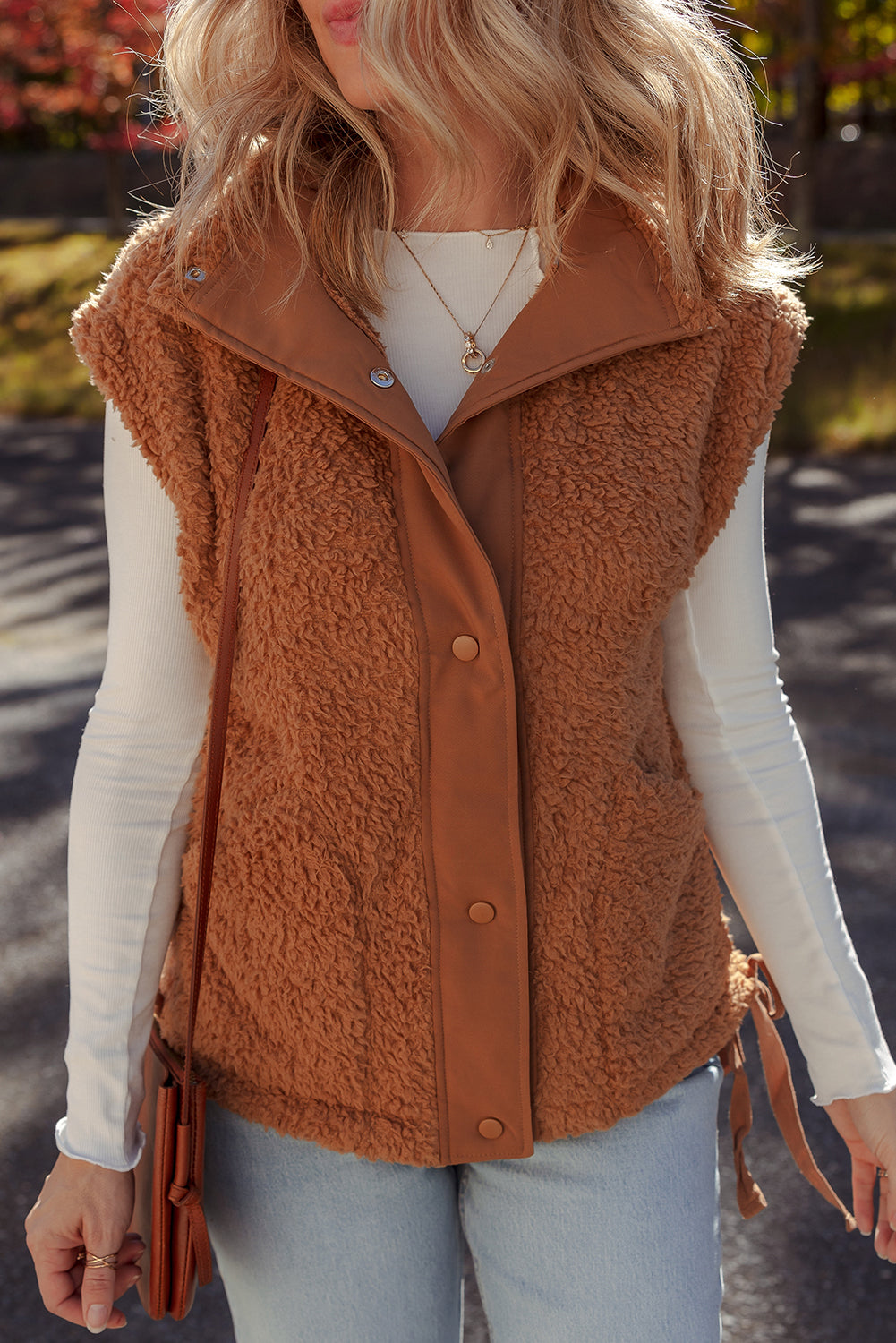 Cinnamon Faux Fur Snap Button Front Knot Side Plush Vest