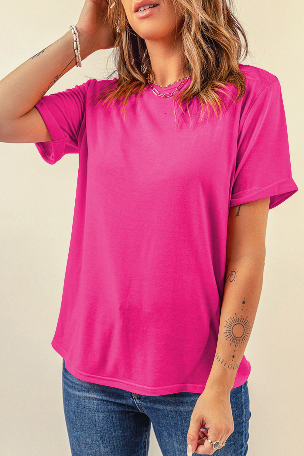Sachet Pink Solid Color Basic Crew Neck Plain Tee