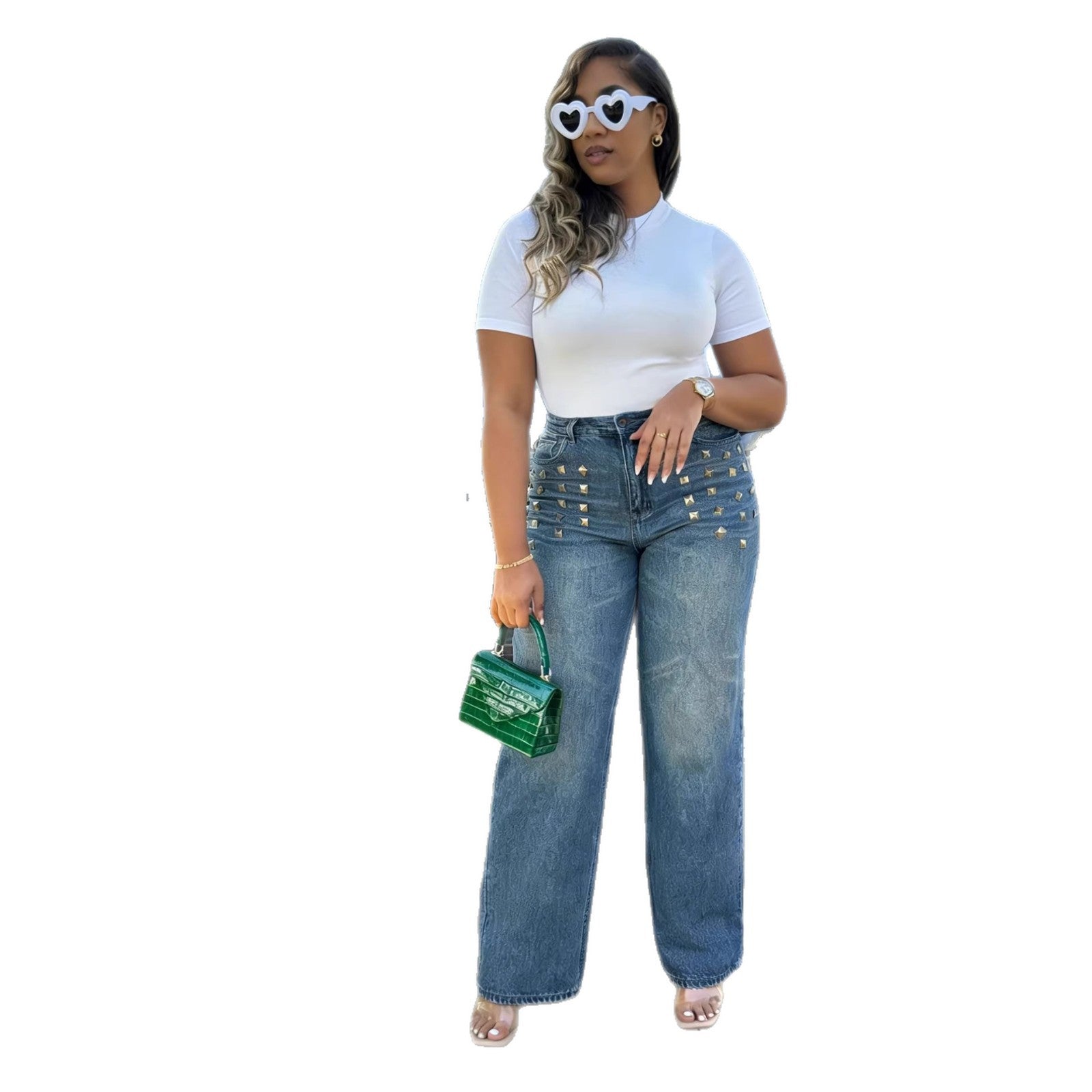 Street Style Rivet Straight Leg Washed Denim Pants