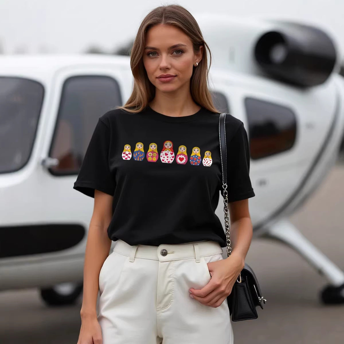 Round neck short sleeved loose T-shirt for women