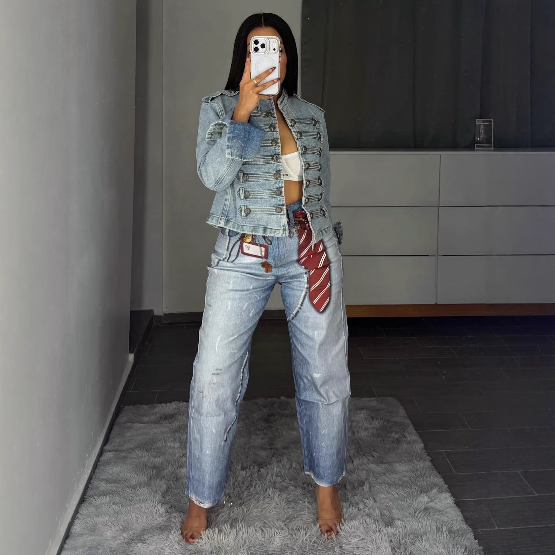 Street Style Tie Badge Print Dagger Jeans