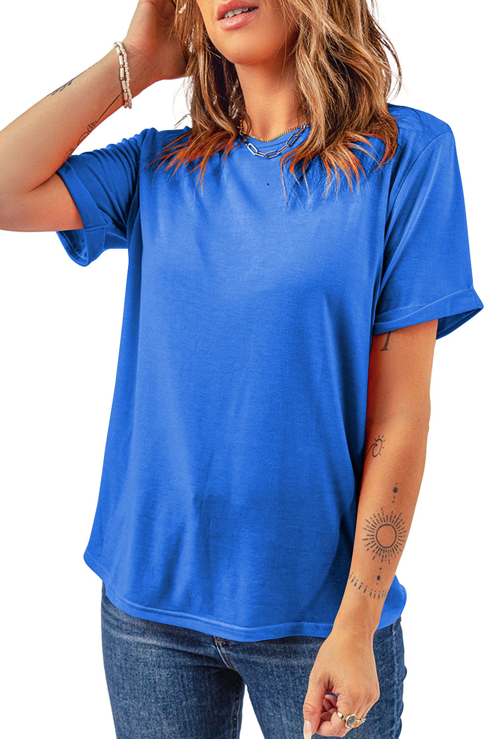 Sachet Pink Solid Color Basic Crew Neck Plain Tee