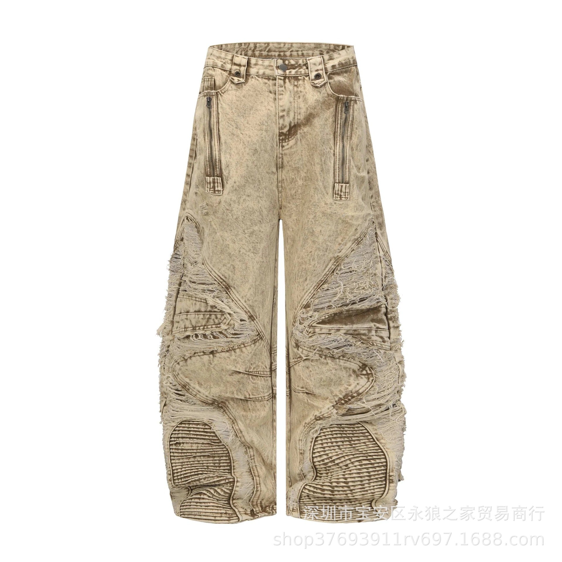 Heavily Distressed Irregular Ripped Knife-Edge Jeans