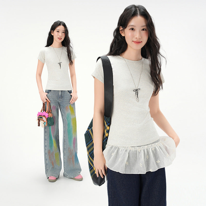 Round Neck Basic Cotton Fitted Short Sleeve T-Shirt for Women