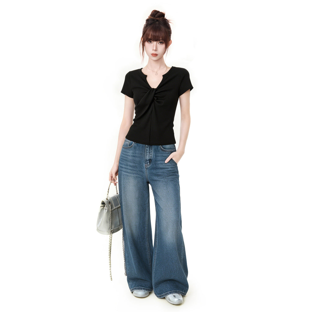 V-Neck Knot Design Off-Shoulder Short Sleeve T-Shirt for Women, Summer Fitted Slimming One-Shoulder Sexy Top