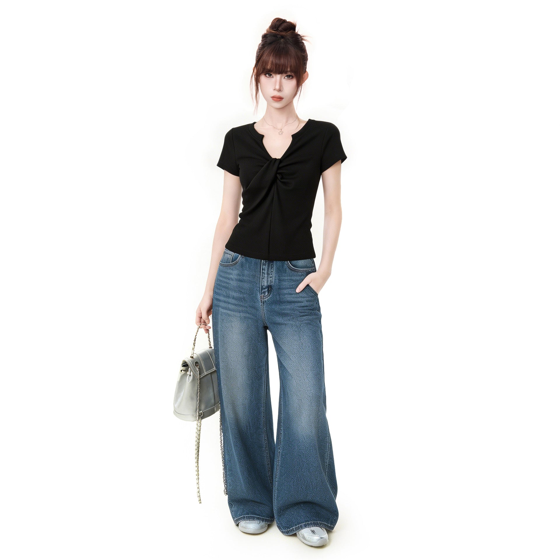 V-Neck Knot Design Off-Shoulder Short Sleeve T-Shirt for Women, Summer Fitted Slimming One-Shoulder Sexy Top