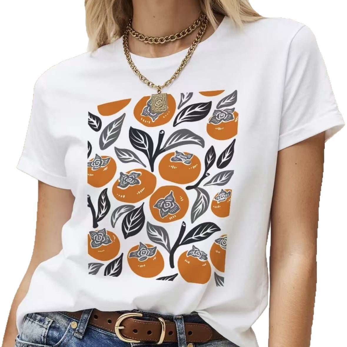 Persimmon pattern round neck loose short sleeved top for women