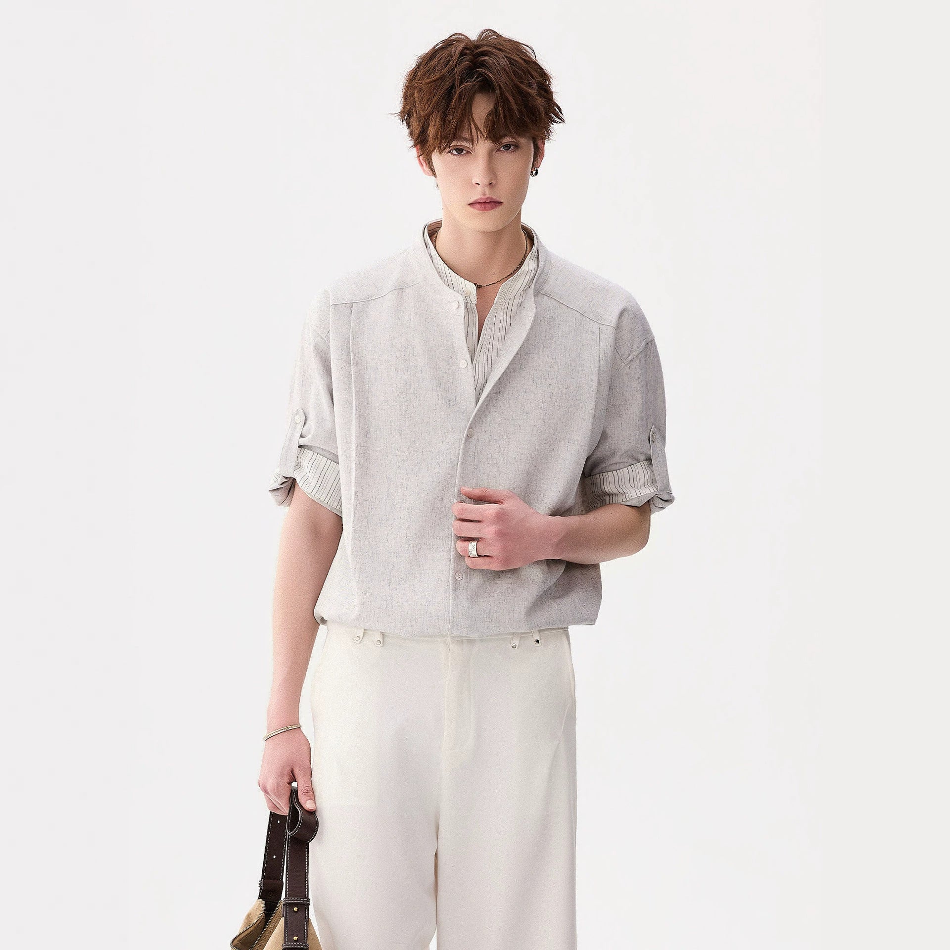 Two-Piece Stand Collar Short Sleeve Shirt for Men