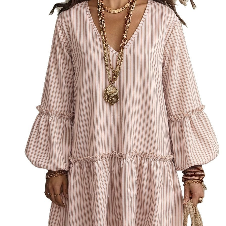 Style Autumn New Women's Long Sleeve Dress Stripe Print V-Neck Lantern Sleeve Loose Mini Dress