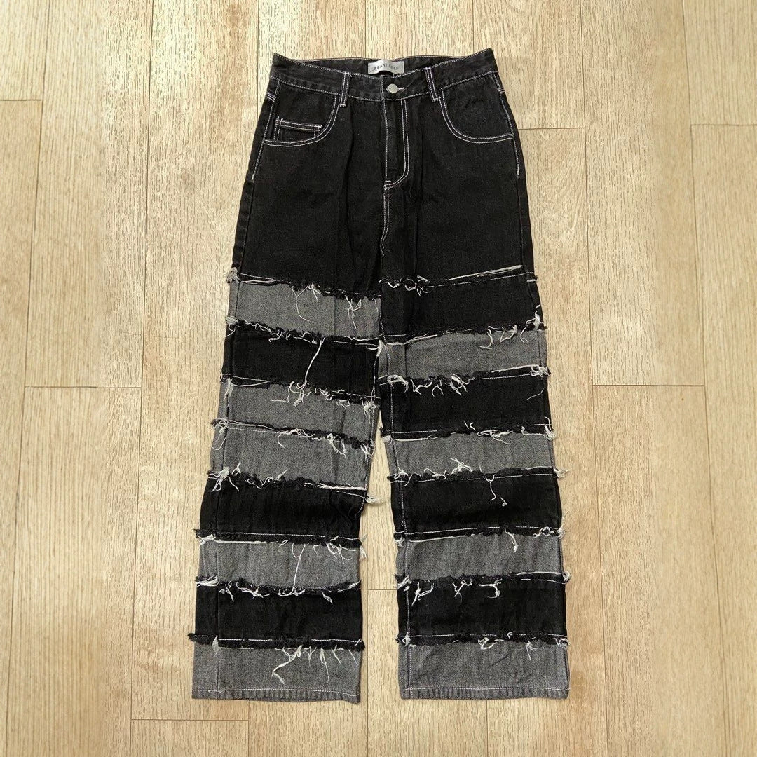 Street Deconstructed Black and Gray Patchwork Raw Hem Denim Pants