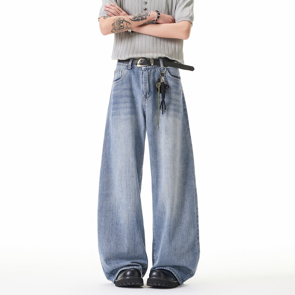 Street Style Washed Stripe Wide Leg Jeans Men's Loose High Waist Drop Crotch Pants