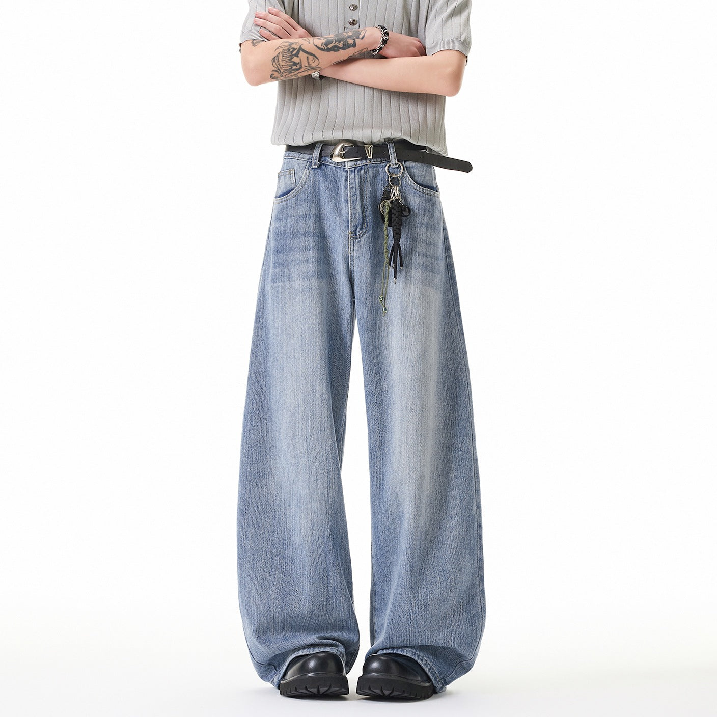 Street Style Washed Stripe Wide Leg Jeans Men's Loose High Waist Drop Crotch Pants