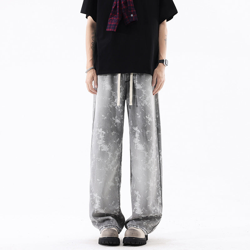 Leather Rayon Denim Pants Men Printed Casual Pants Men Trendy Vintage Retro Long Pants