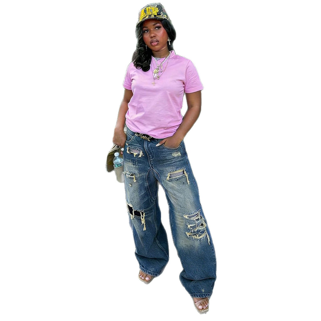 Street Style Ripped Distressed Painted Washed Denim Pants