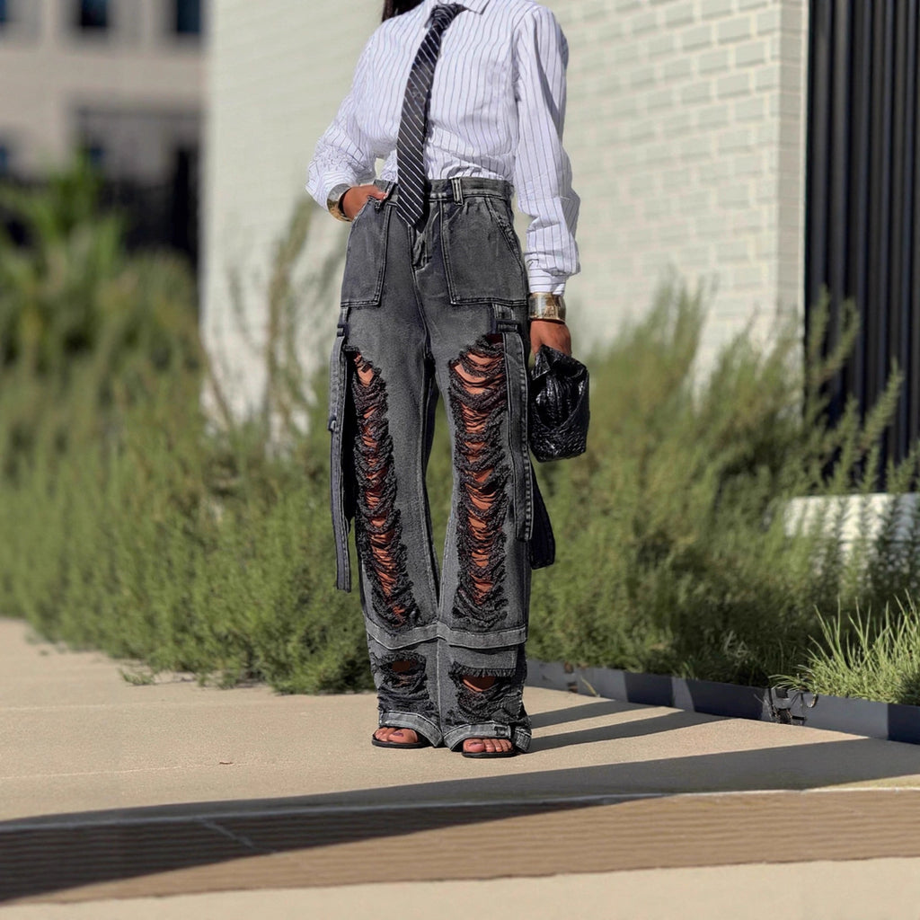 Hiphop Street Style Ripped Tie-Detail Cargo Jeans
