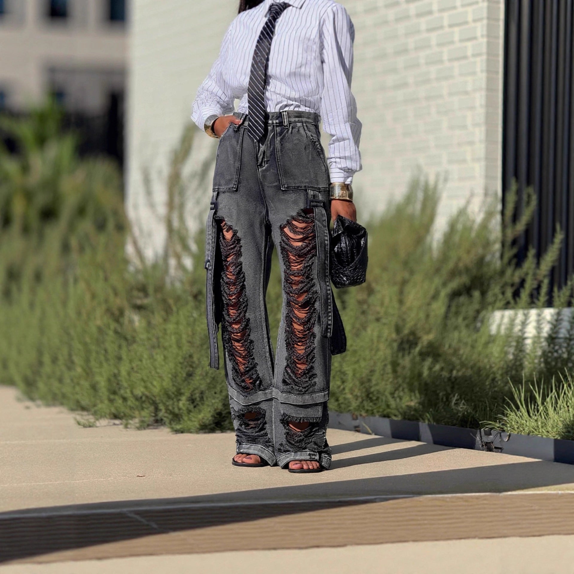 Hiphop Street Style Ripped Tie-Detail Cargo Jeans