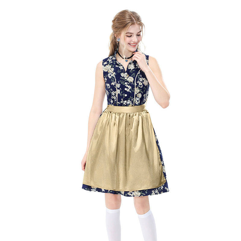 German Beer Festival Vintage Floral Sleeveless Dirndl Dress Bavarian Ethnic Party Stage Performance Costume