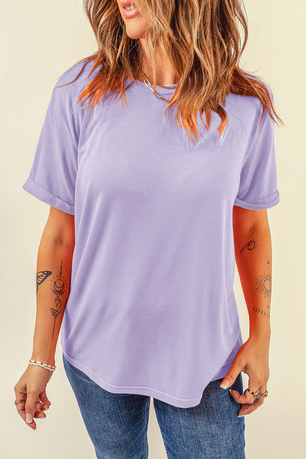 Sachet Pink Solid Color Basic Crew Neck Plain Tee