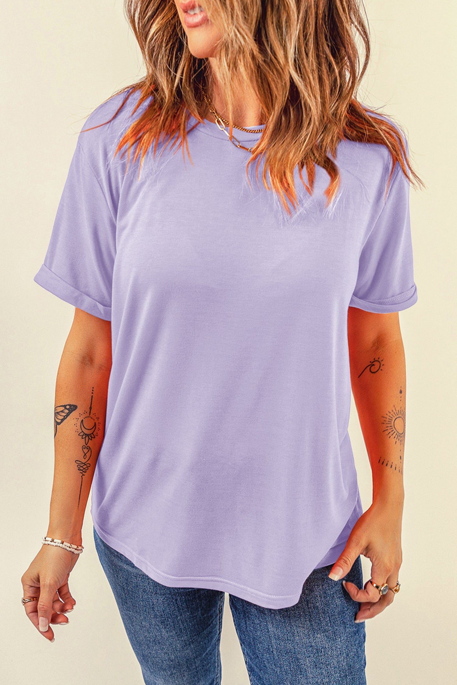 Sachet Pink Solid Color Basic Crew Neck Plain Tee