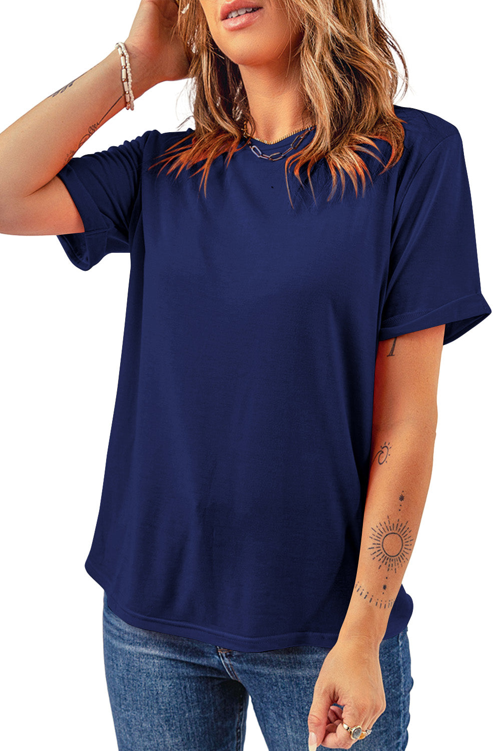 Sachet Pink Solid Color Basic Crew Neck Plain Tee