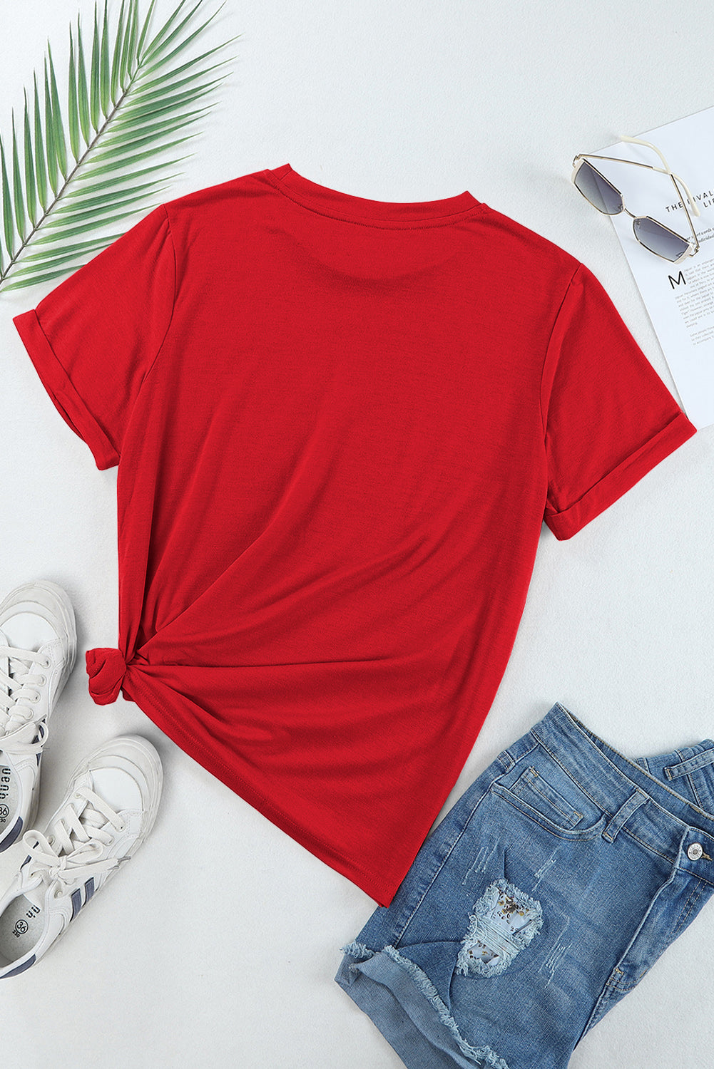Sachet Pink Solid Color Basic Crew Neck Plain Tee