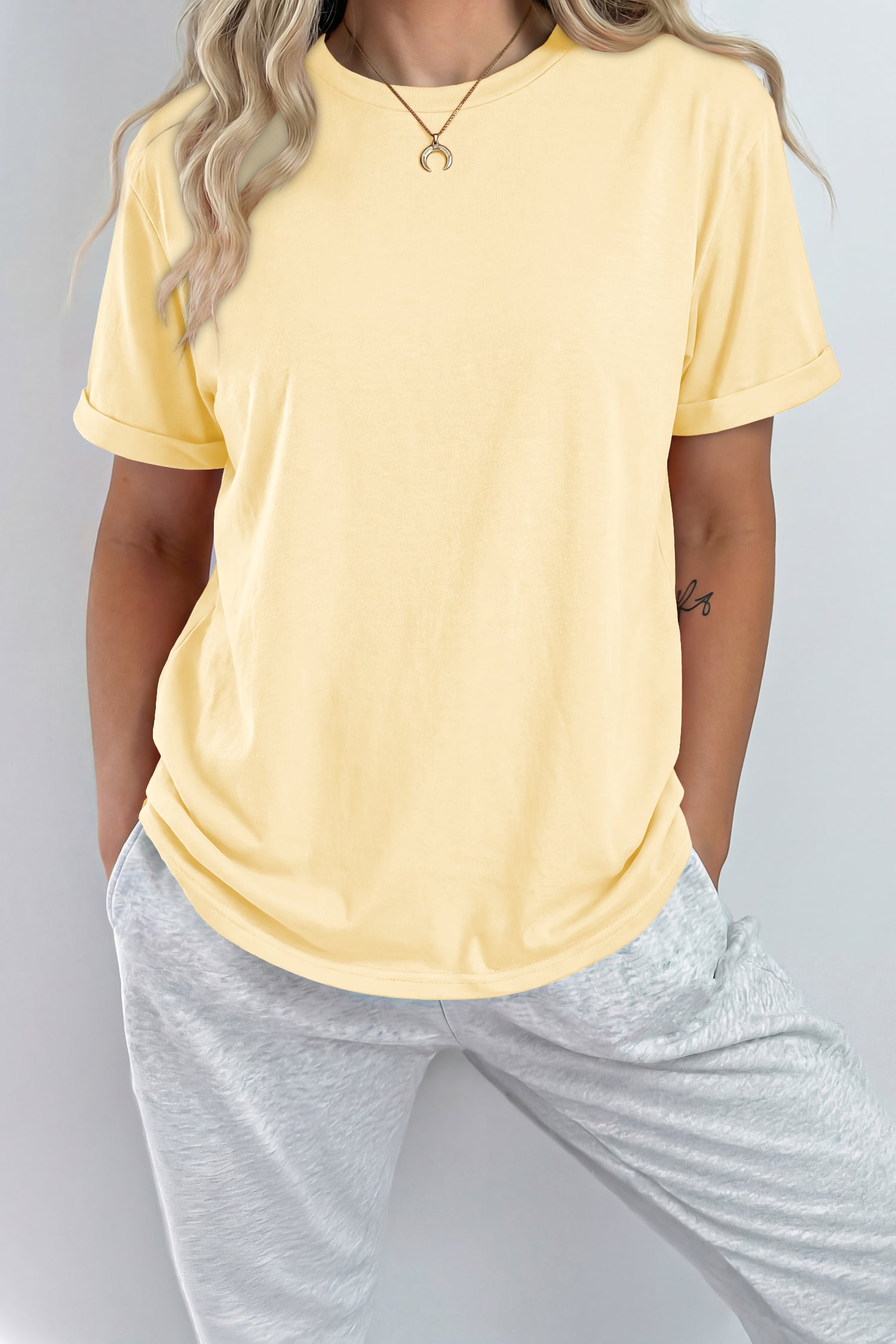 Sachet Pink Solid Color Basic Crew Neck Plain Tee