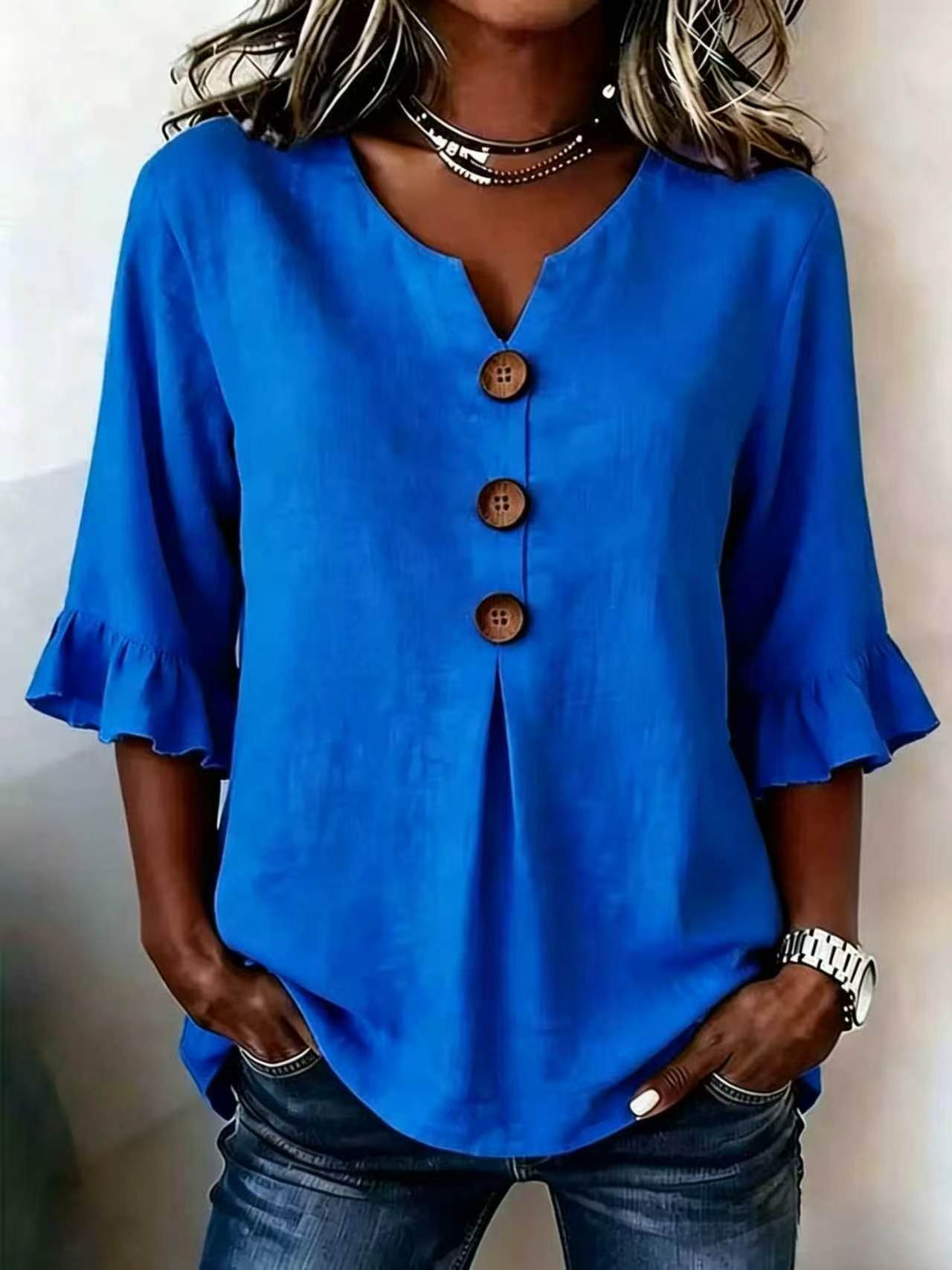 Fashionable Cotton Linen V-Neck Button-Up Blouse for Women Summer Casual Top