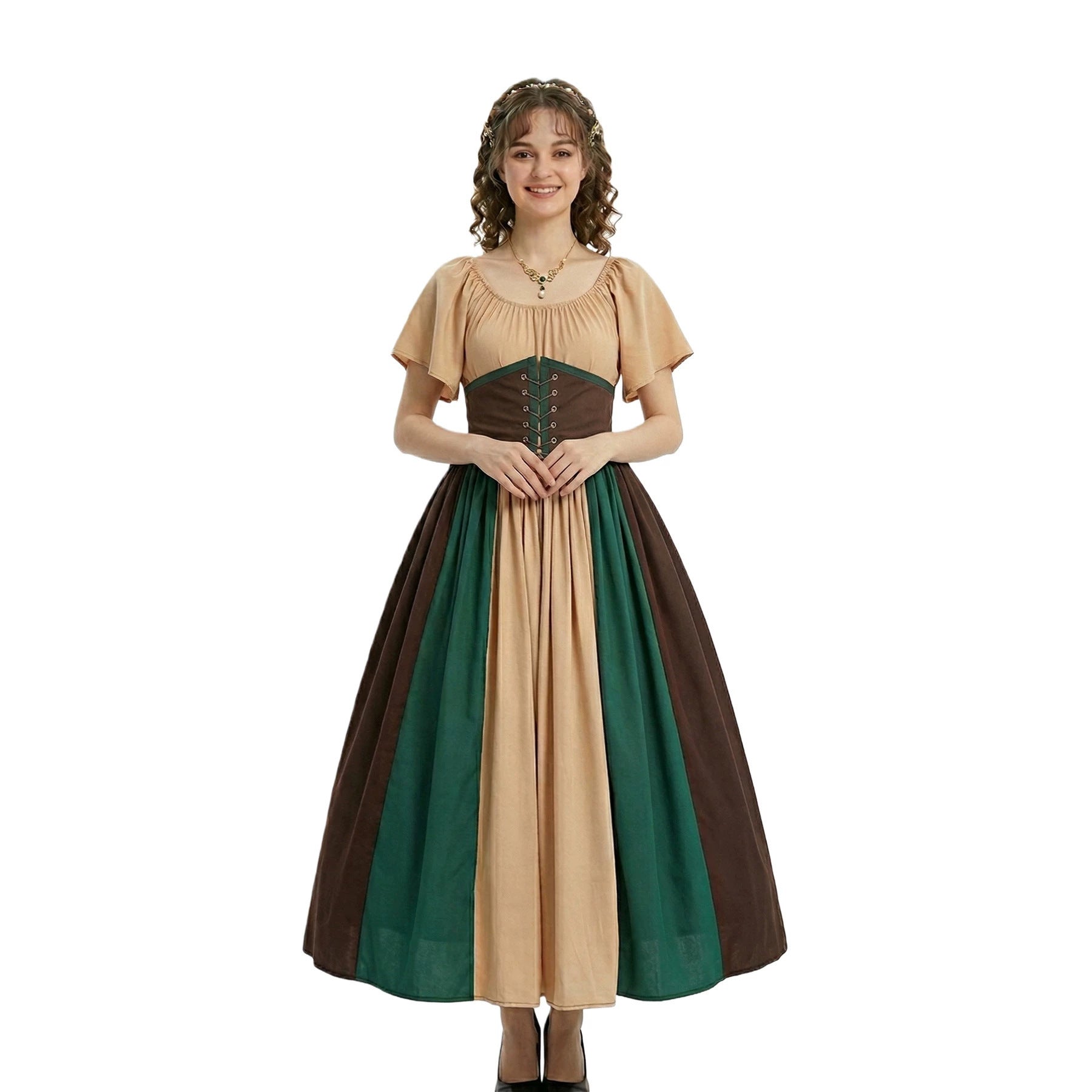 Halloween Cosplay Costume Medieval Vintage Fitted Full Skirt One-Shoulder Color-Blocked Spliced Dress for Women